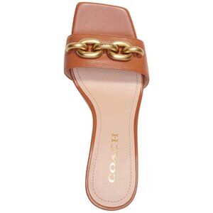 COACH Elsie 70MM Chain Trimmed Slide Wedge Leather Sandals 8 Burnished Amber